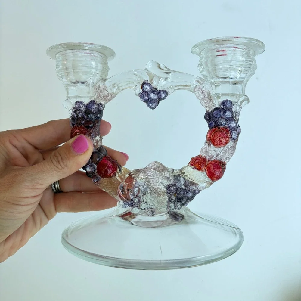 Vintage Glass Fruit Heart Taper Candle Holders Pair Grapes Cherries 5.5in
